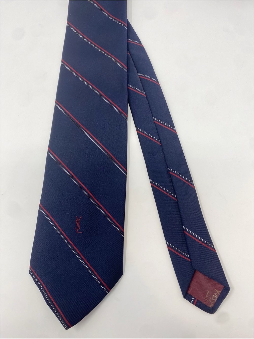 VINTAGE Yves Saint Laurent Red Stripe Navy Neck Tie